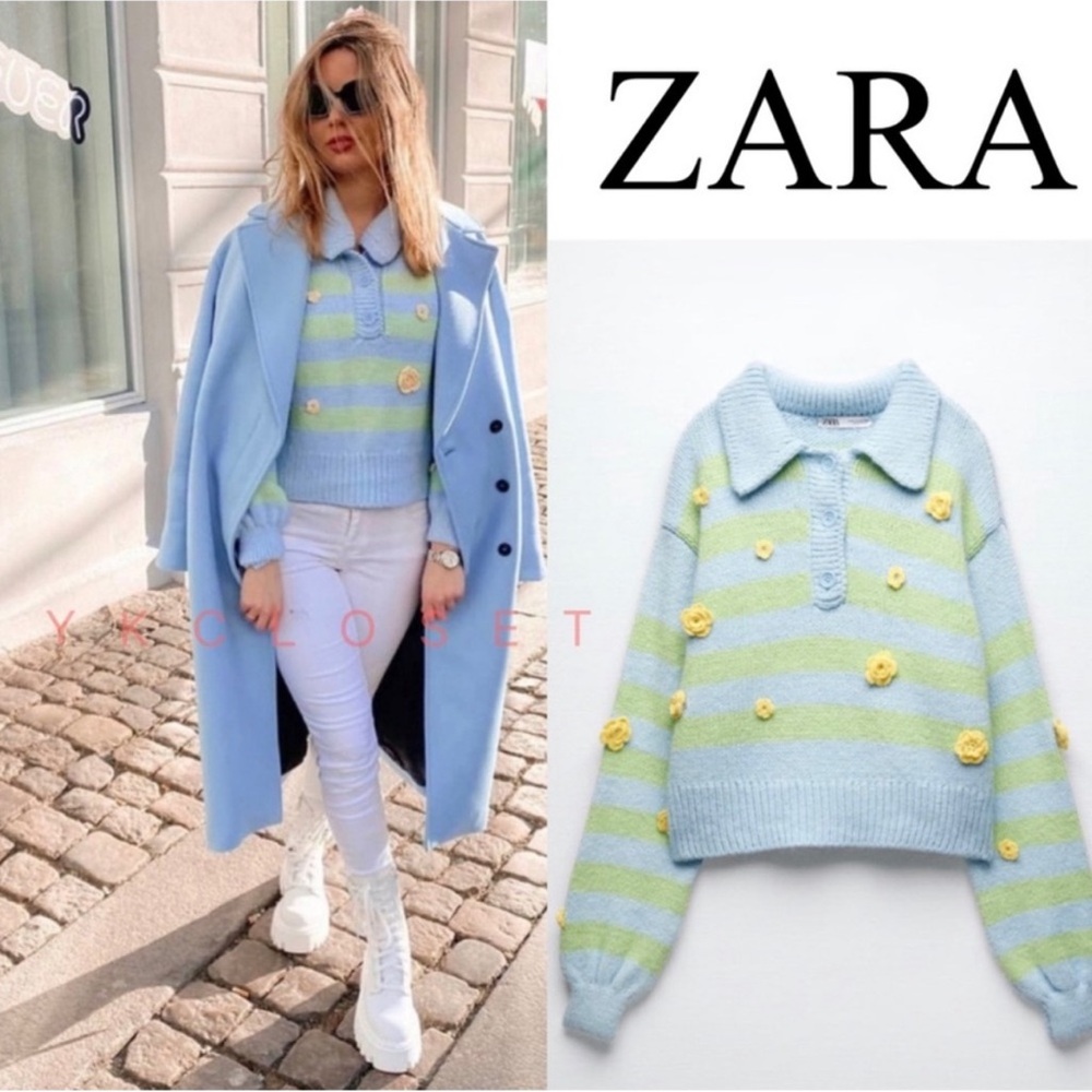 ZARA FLORAL EMBROIDERED KNIT POLO